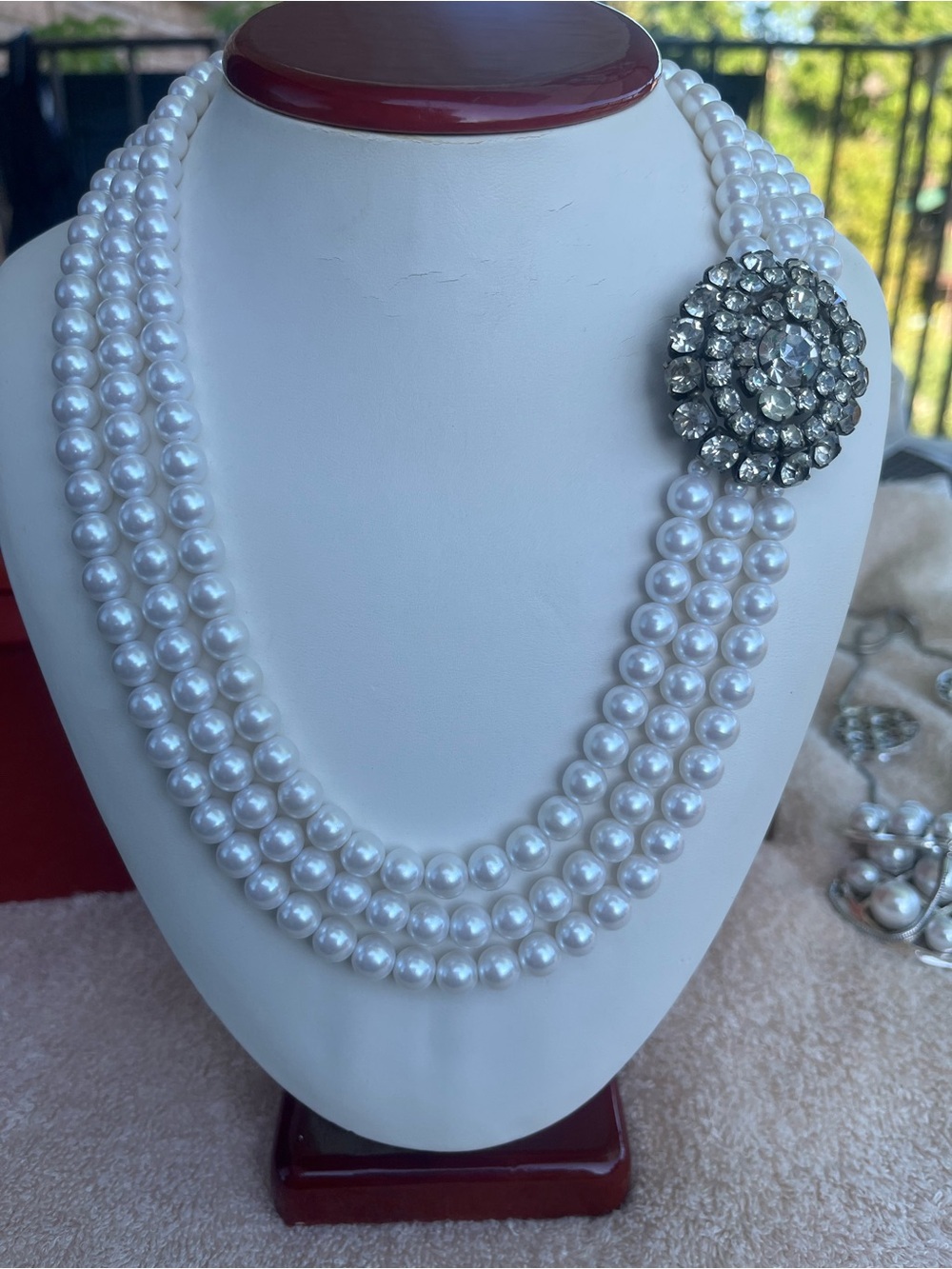 Classic White Pearl Triple-Strand Necklace with Rhinestone Brooch